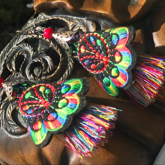 Beautiful Floral Boho Embroidered Tassel Earrings - Picture 4 of 8